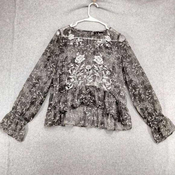 Lulu's Whispering Winds Top Wmns M Gray Floral Embroidered Long Sleeve Sheer - Picture 1 of 12